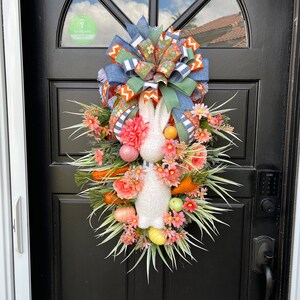 Ready to Ship Easter Flocked White Bunny w/Carrots/Flowers Tear Drop Wreath for your front door, entrée way, any wall space in your house.