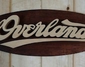 Vintage Overland Emblem Oval Wall Plaque-Unique scroll saw automotive art created from wood.