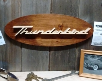 Ford Thunderbird Emblem Oval Wall Plaque-Unique scroll saw automotive art created from wood for your garage, shop or man cave.