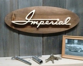 1960 Chrysler Imperial Script Emblem Oval Wall Plaque-Unique scroll saw automotive art created from wood.