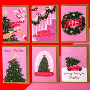 Pack of 6 Christmas tree themed Christmas card - Pink Christmas card - Xmas card - Girly Christmas card