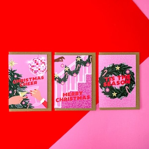 Pack of 3 Christmas tree themed Christmas card Pink Christmas card Xmas card Girly Christmas card image 1