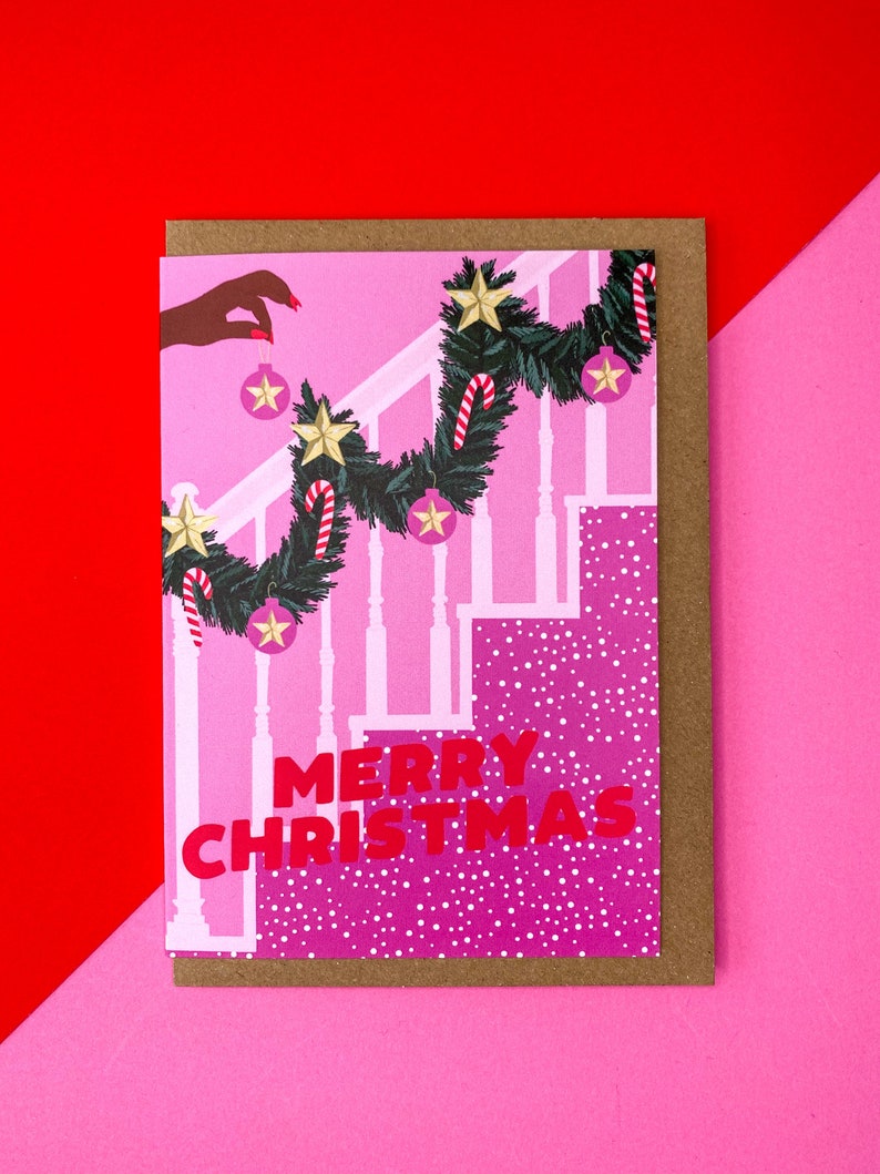 Pack of 3 Christmas tree themed Christmas card Pink Christmas card Xmas card Girly Christmas card image 3