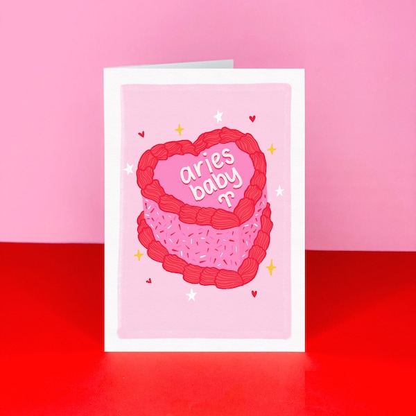 Aries Baby Vintage Heart Cake card - Aries Birthday cake card - Birthday card with vintage cake - Retro style card - Frilly cake card