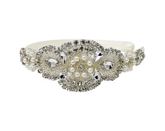 Pearl and cased diamante trim on a wide ivory satin alice band  -Code: SHW008