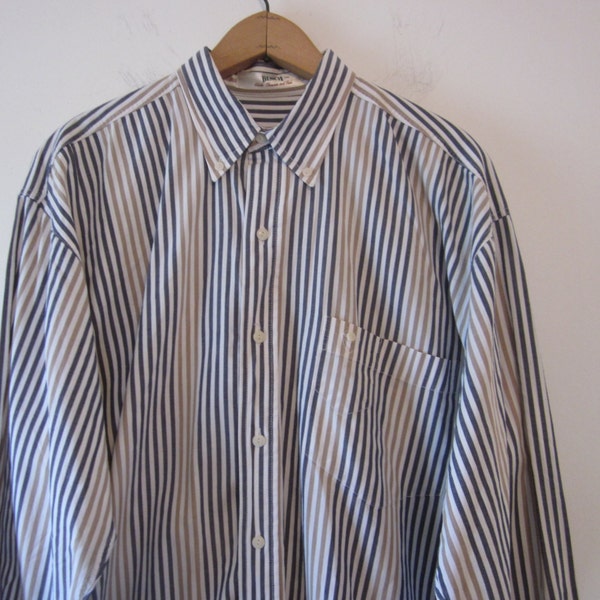Vintage 80s Mens Striped Shirt Long Sleeve Button Down Shirt Large