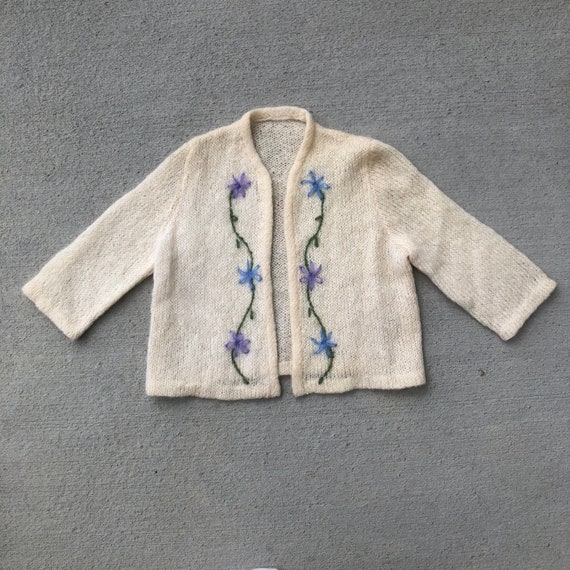 Vintage 60s Hand Knit Floral Mohair Cardigan Size… - image 1