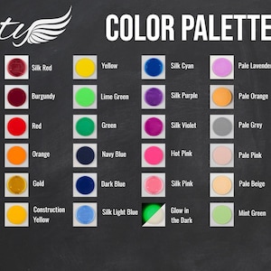 May include: Colour palette chart with 48 different colour swatches. Each swatch is labelled with a colour name, such as "White", "Silk Red", "Yellow", "Silk Cyan", "Pale Lavender", and "Khaki".