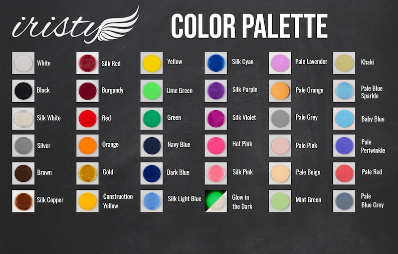 May include: Colour palette chart with 48 different colour swatches. Each swatch is labelled with a colour name, such as "White", "Silk Red", "Yellow", "Silk Cyan", "Pale Lavender", and "Khaki".