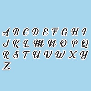 May include: A white background with a black alphabet in a cursive font. Each letter is outlined in white and is separated from the others.