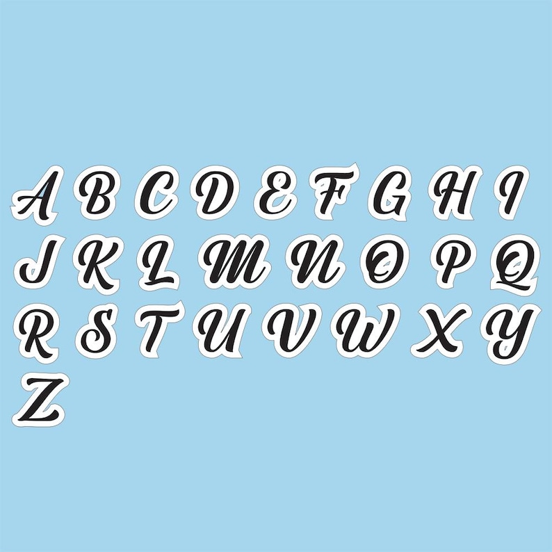May include: A white background with a black alphabet in a cursive font. Each letter is outlined in white and is separated from the others.