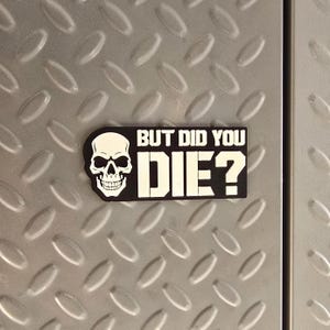 May include: A black and white sticker featuring a skull graphic and the text "BUT DID YOU DIE?". The sticker is rectangular and has a white skull on the left side. The text is in a bold, sans-serif font.