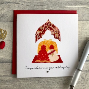 Anand Karaj Sikh wedding card. Illustration shows the Sikh couple sitting before the Guru Granth Sahib (Sikh Holy Book) The card is finished with diamanté. and reads Congratulations on your wedding day.