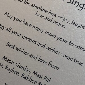 Picture shows sample of printed message and font used for inside of card. Your message can be added in the personalised box when ordering. There is an extra charge for this service.