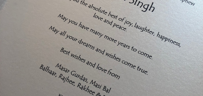 Picture shows sample of printed message and font used for inside of card. Your message can be added in the personalised box when ordering. There is an extra charge for this service.