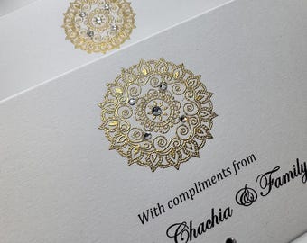 Personalised white money envelope, cash gift, Indian wedding, shagan wallet, shadhi, gold mandala, diamante