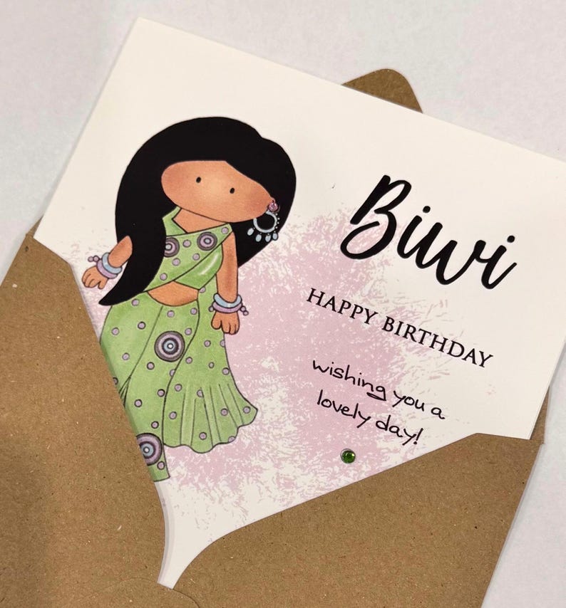 A cute birthday card for a special Biwi (wife) This South Asian lady is dressed to impress in a pastel green sari with matching jewellery. A perfect keepsake card to make her smile. Card front reads, Biwi happy birthday, wishing you a lovely day.
