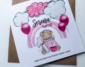Personalised 1st Birthday Card, baby illustration, quality handmade, diamante details, kraft envelope, milestone celebration
