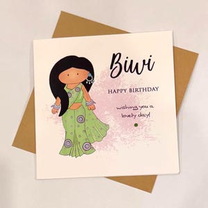 A cute birthday card for a special Biwi (wife) This South Asian lady is dressed to impress in a pastel green sari with matching jewellery. A perfect keepsake card to make her smile. Card front reads, Biwi happy birthday, wishing you a lovely day.
