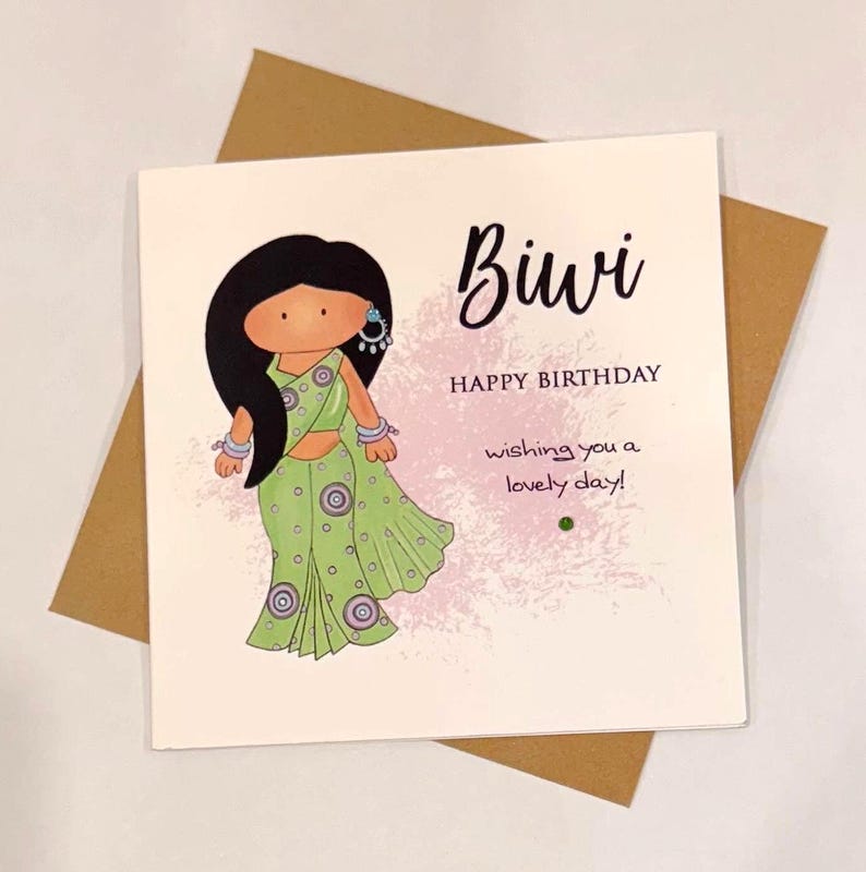 A cute birthday card for a special Biwi (wife) This South Asian lady is dressed to impress in a pastel green sari with matching jewellery. A perfect keepsake card to make her smile. Card front reads, Biwi happy birthday, wishing you a lovely day.