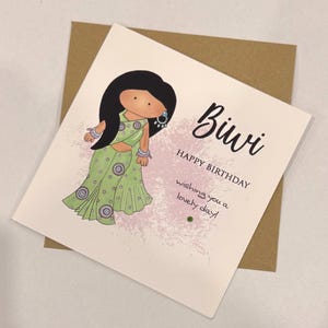 A cute birthday card for a special Biwi (wife) This South Asian lady is dressed to impress in a pastel green sari with matching jewellery. A perfect keepsake card to make her smile. Card front reads, Biwi happy birthday, wishing you a lovely day.