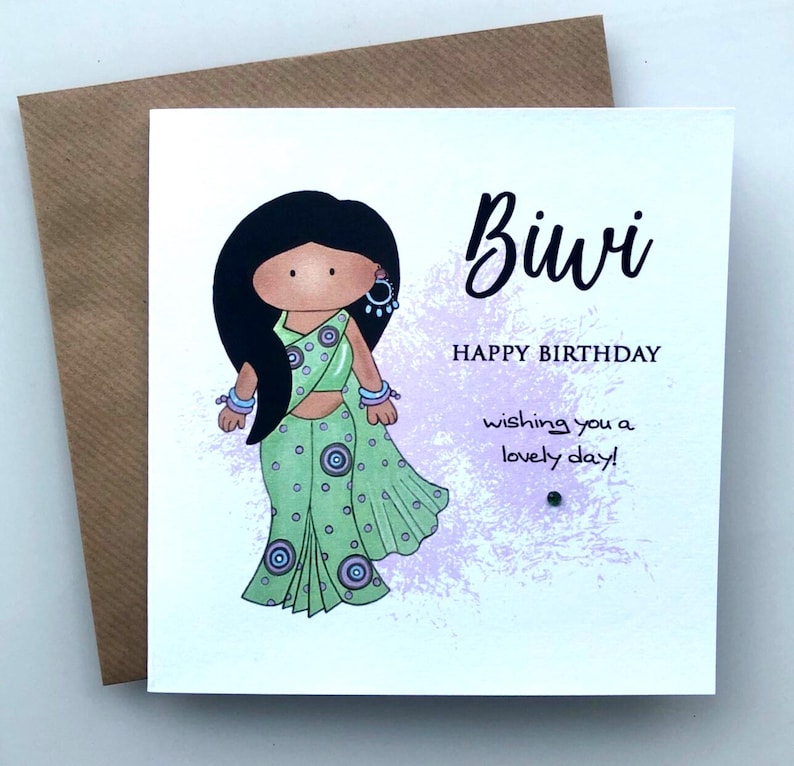 A cute birthday card for a special Biwi (wife) This South Asian lady is dressed to impress in a pastel green sari with matching jewellery. A perfect keepsake card to make her smile. Card front reads, Biwi happy birthday, wishing you a lovely day.