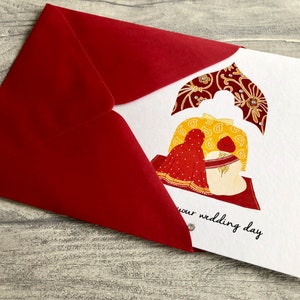 Anand Karaj Sikh wedding card. Illustration shows the Sikh couple sitting before the Guru Granth Sahib (Sikh Holy Book) Shown with red envelope. Front is printed with, Congratulations on your wedding day.