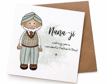 Desi Father’s Day card, Babaji, Nanaji, Papa, illustration, greeting card, granddad card, Indian Father’s Day, Desi dad, turban dad, Baba