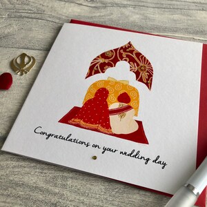 Anand Karaj Sikh wedding card. Illustration shows the Sikh couple sitting before the Guru Granth Sahib (Sikh Holy Book) Front is printed with, Congratulations on your wedding day.