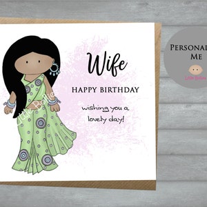 A cute birthday card for a special Biwi (wife) This South Asian lady is dressed to impress in a pastel green sari with matching jewellery. A perfect keepsake card to make her smile. Card front reads, Biwi happy birthday, wishing you a lovely day.