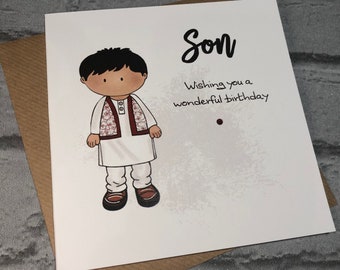 Personalised Muslim Boy Birthday Card, Kurta Pajama Illustration, South Asian Greeting Card, Diamante Details