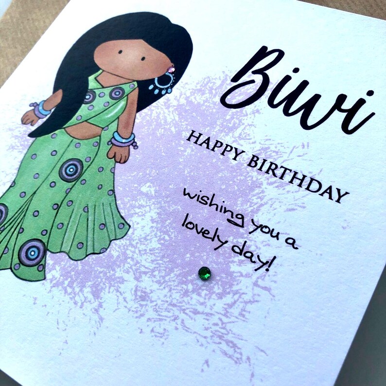 A cute birthday card for a special Biwi (wife) This South Asian lady is dressed to impress in a pastel green sari with matching jewellery. A perfect keepsake card to make her smile. Card front reads, Biwi happy birthday, wishing you a lovely day.