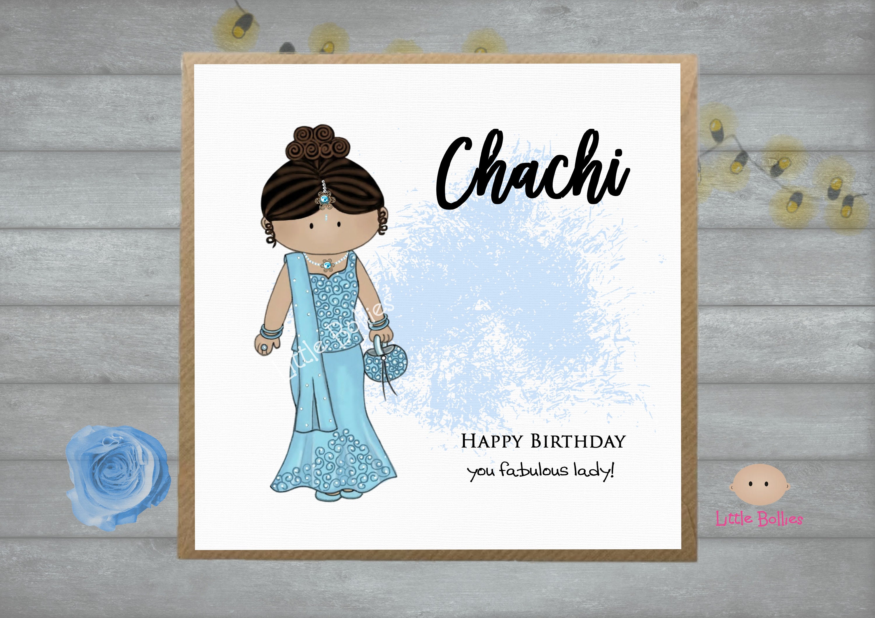 Tarjeta de cumpleaños de Chachi, tarjeta Desi, tarjeta de felicitación india, dama Desi, traje de lengha, ilustración, tarjeta de personaje, tarjeta de feliz cumpleaños de Chachi