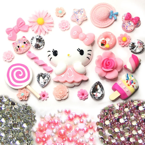 DIY 3D Kitty Bling Bling  Kawaii Resin Flatback Decoden Cabochons Cell Phone Case Deco Kit