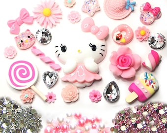 DIY 3D Kitty Bling Bling  Kawaii Resin Flatback Decoden Cabochons Cell Phone Case Deco Kit