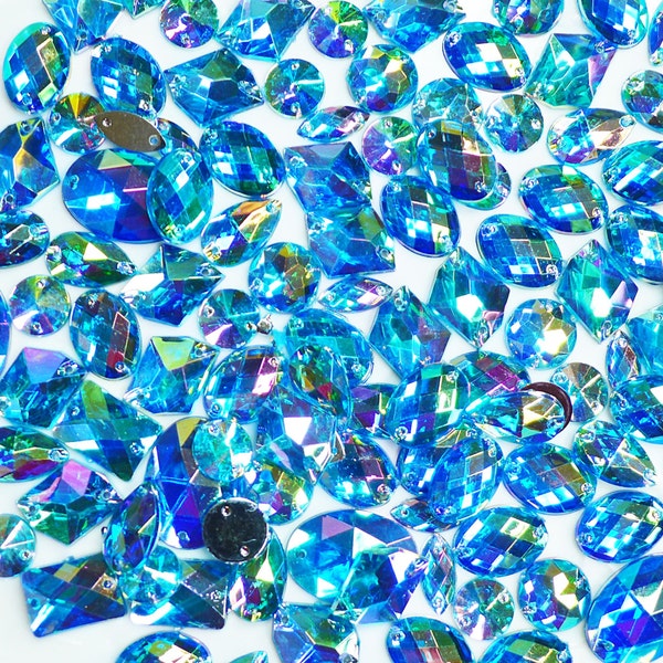 50 pcs lot --- Sew-On Gems / Beads --- AB Lake Blue Mixed Shapes Flat Back Gems -- ( Mixed size 6mm - 40mm has thread holes )