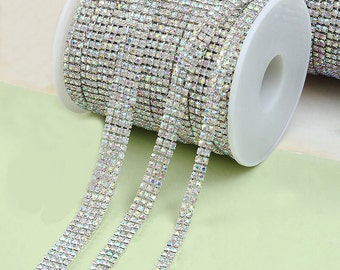 AB Clear Rhinestone Trim - Crystal Trim - Rhinestone Chain - Silver Plated - 3mm Cup Chain- 1 row 2 row 3 row 4 row 5 Row 6 Row 1 yard