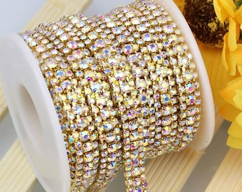 3 Row Gold Tone AB Clear Rhinestones Trim - Crystal Chain - Wedding Cake Deco - 2mm & 3mm Rhinestone  1 yard