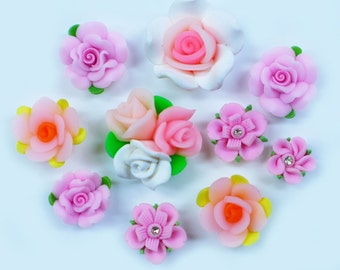 10 pc Mixed Pink Clay Flowers Cute Japanese Kawaii Flat Back Resin Decoden Cabochons For Your DIY Project