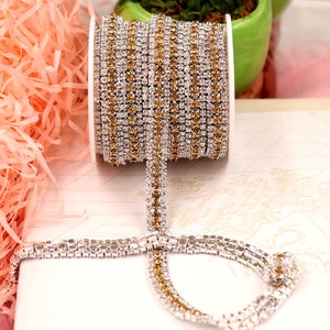 3 Row Silver Tone Topaz + Clear Rhinestones Trim - Crystal Chain - Wedding Cake Deco - 2mm & 3mm Rhinestone  1 yard