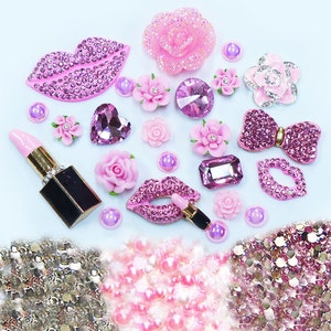 New -- DIY 3D Pink Lips Alloy Bling Bling Glass Gems Flatback Decoden Cabochons Cell Phone Case Deco Kit