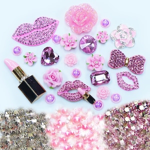 New -- DIY 3D Pink Lips Alloy Bling Bling Glass Gems Flatback Decoden Cabochons Cell Phone Case Deco Kit
