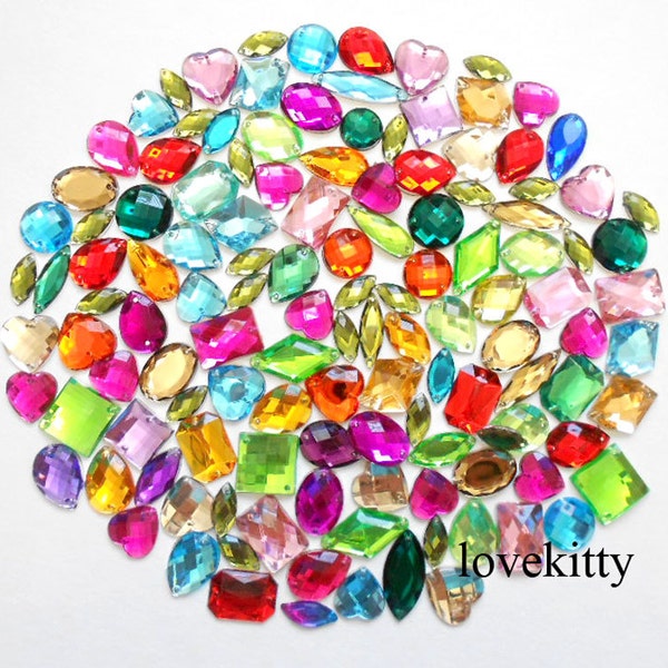 100 pcs lot---  Sew On Gems / Beads- --- Mixed Colors & Shapes Flat Back Gems ( median sizes 13mm -- 20mm  has thread holes )