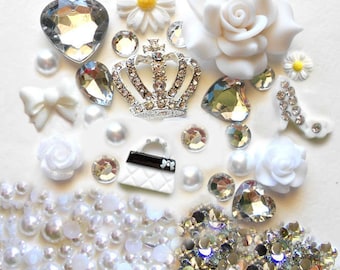 Sale -- DIY 3D Crown White FlowersBling Bling  Kawaii Resin Flatback Decoden Cabochons Cell Phone Case Deco Kit