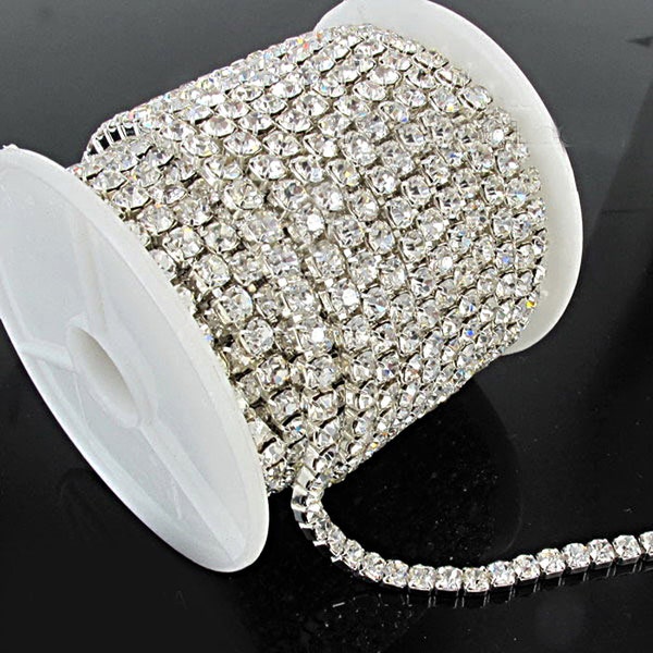 6mm Big Rhinestone Trim ( ss28 ) - Crystal Trim - Rhinestone Chain - Silver Plated Rhinestone trim Cup Chain - 1 row 1 Yard