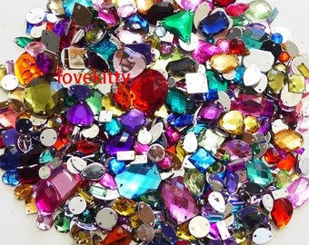 350 pcs lot --- Sew On Gems / Beads--- Mixed Colors -- Mixed Shapes Flat Back Gems ( Mixed sizes 3mm -- 40mm has thread holes )