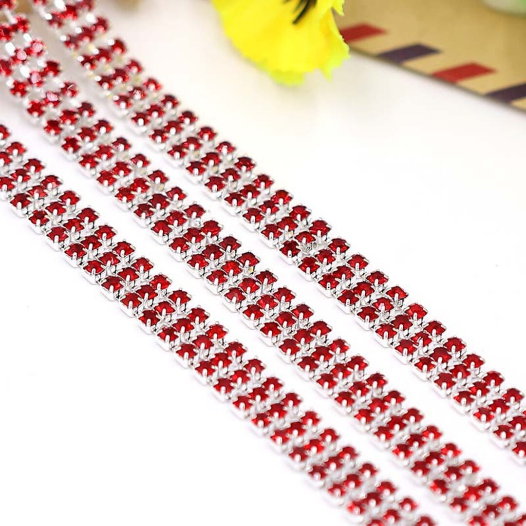 3 Rows Red Rhinestone Trim Crystal Trim Rhinestone Chain Silver Plated