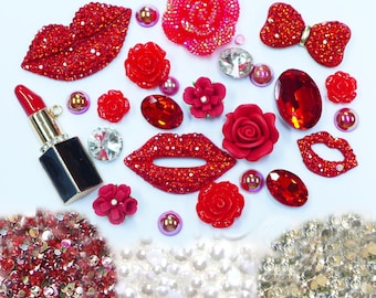 New -- DIY 3D Red Lips Alloy Bling Bling Glass Gems Flatback Decoden Cabochons Cell Phone Case Deco Kit