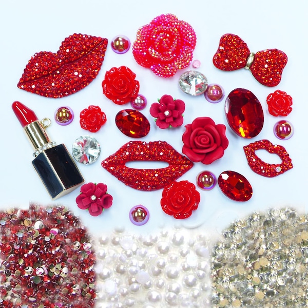 New -- DIY 3D Red Lips Alloy Bling Bling Glass Gems Flatback Decoden Cabochons Cell Phone Case Deco Kit