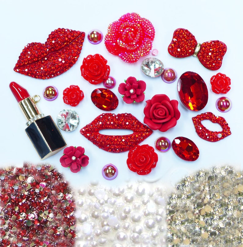 New -- DIY 3D Red Lips Alloy Bling Bling Glass Gems Flatback Decoden Cabochons Cell Phone Case Deco Kit 